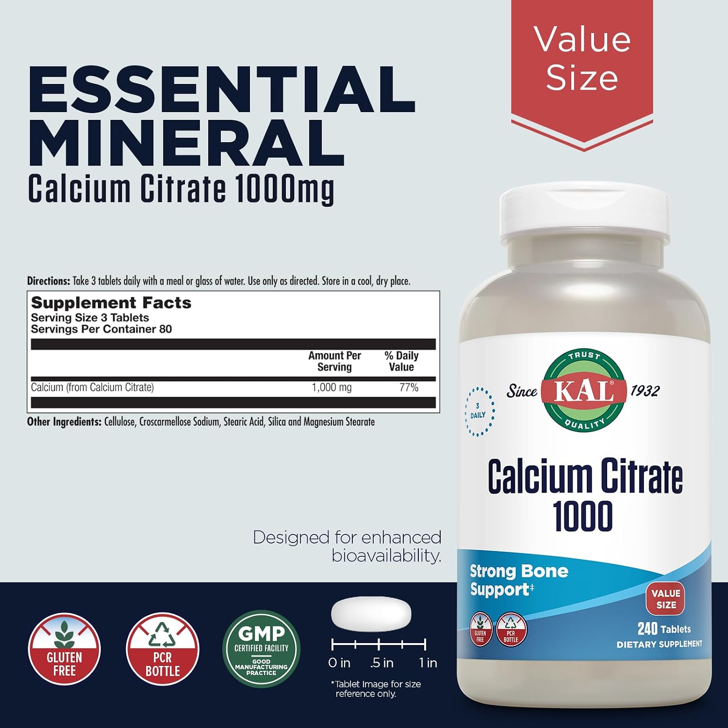 KAL Calcium Citrate 1000mg, Calcium Supplements for Women and Men, Bone Health, Teeth, Nervous, Muscular & Cardiovascular System Support, Gluten Free and Lab Verified, 60 Servings, 180 Tablets | Bone, Teeth, Muscle & Heart Support - Chelated Calcium Citr…