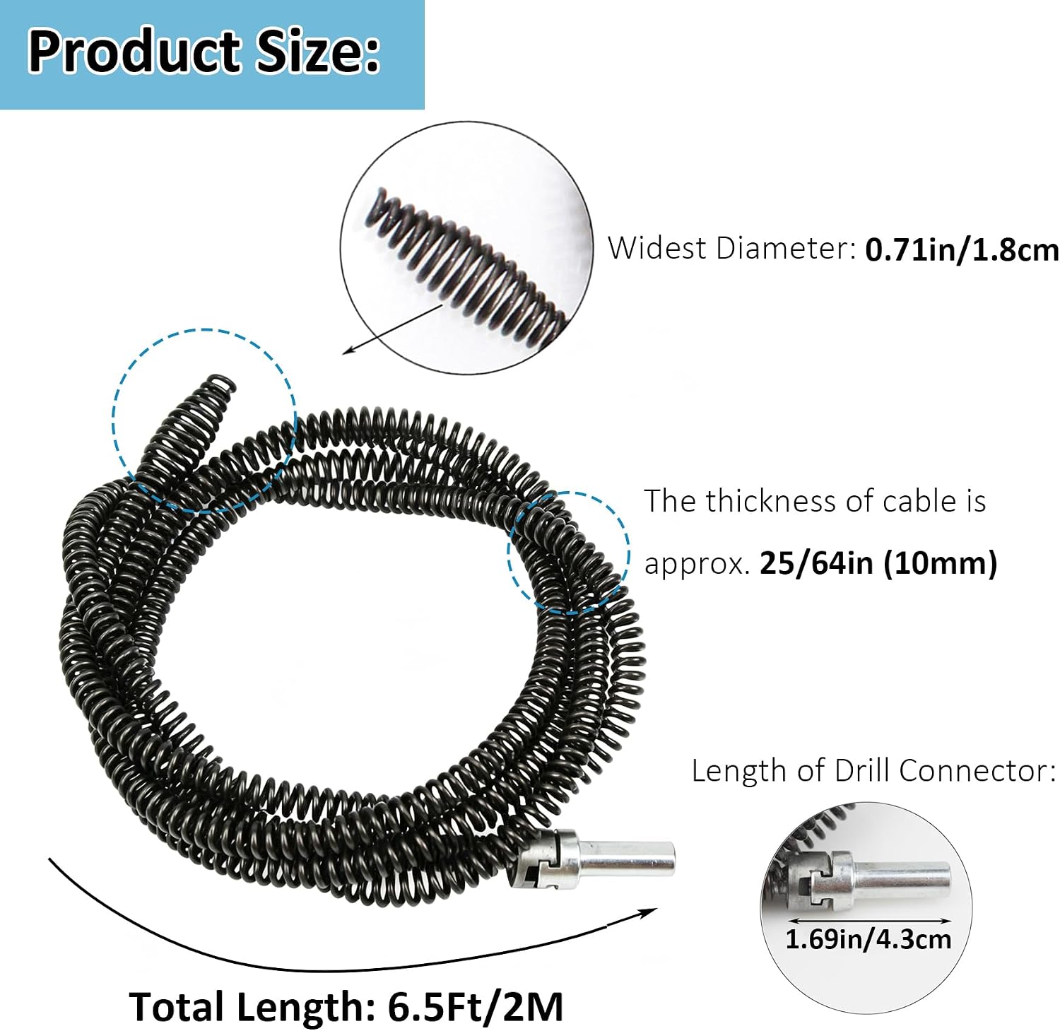 Amonk 6.5Ft Drill Snake for Plumbing Drain Auger Cable with Drill Connector | 10mm Diameter, Flexible&Reusable Plumbing Snake Clog Remover for Kitchen