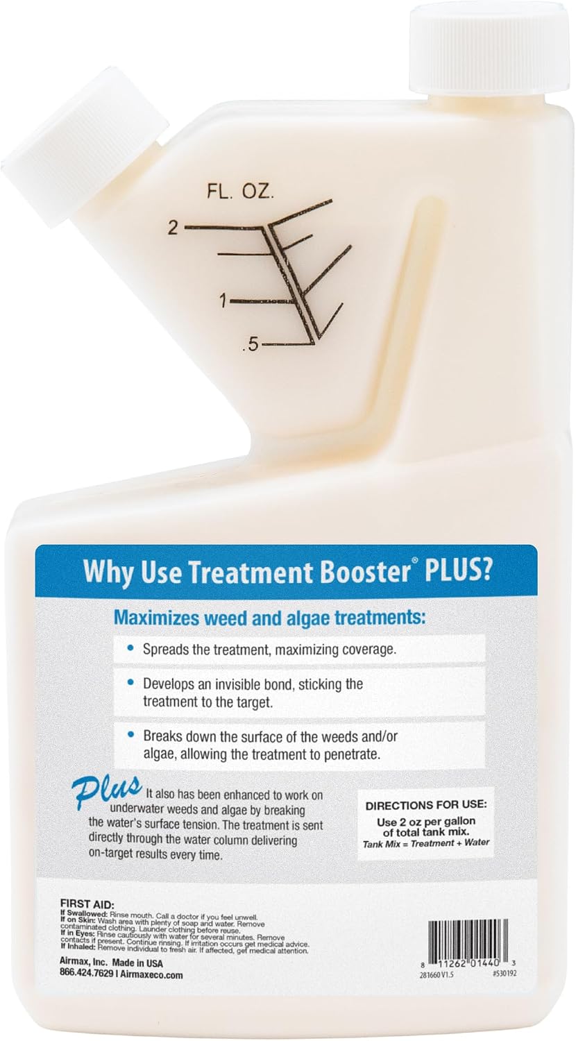 Airmax Treatment Booster Plus Aquatic Surfactant for Herbicide, 16 Ounces | Non-ionic solution for pond algaecide and herbicide treatments, safe liquid vegetation treatment