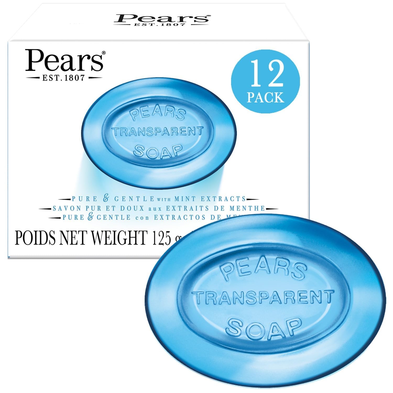 Pears Soap, Pure & Gentle with Mint Extract 3-Pack – Transparent Blue Glycerin Soap for Cool, Refreshed Skin, 4.4 Oz Ea