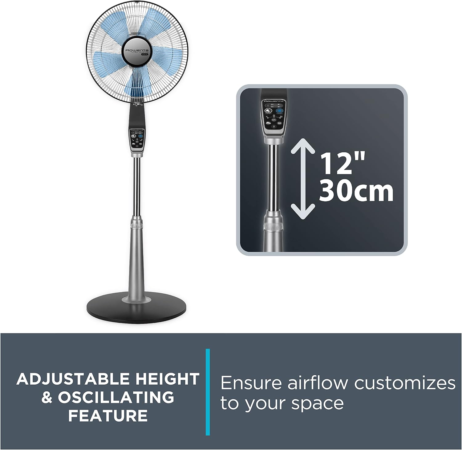 Rowenta, Desk Fan, Turbo Silence Table Fan with Remote, 18 Inches, Ultra Quiet Fan for Bedroom, Oscillating, Portable, 5 Speeds, Black, Indoor, VU2660