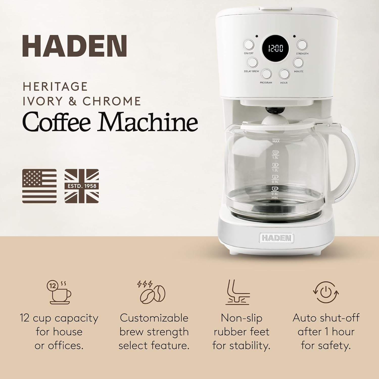 HADEN 12-Cup Programmable Coffee Maker for Home or Office, Putty & Chrome – Drip Brewer Machine with Brew Strength, Delay Brewing