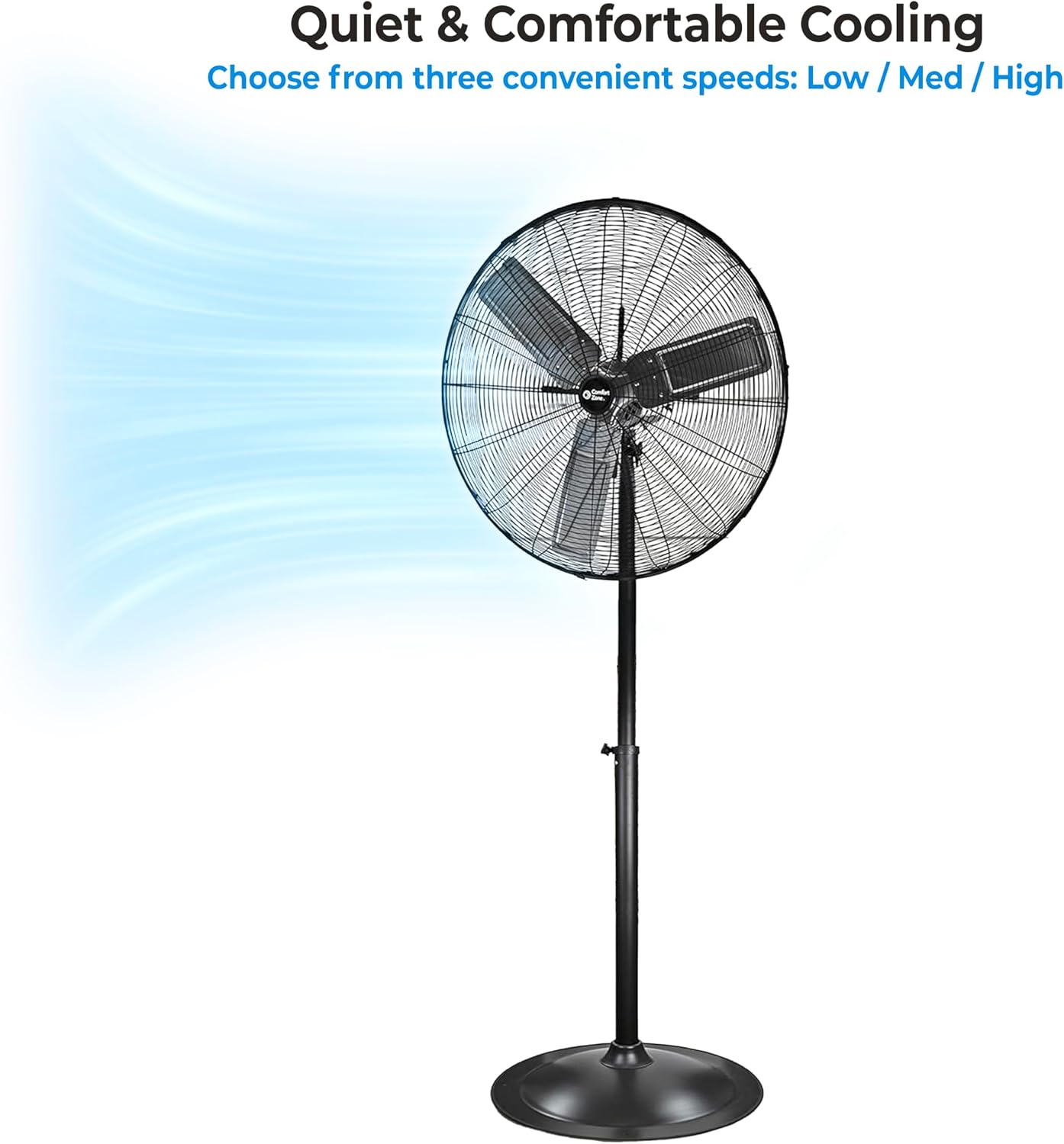 Comfort Zone Industrial Pedestal Fan, 30 inch, 3 Speed, High Velocity, Adjustable Height 56” to 76”, Metal, Meets OSHA Standards
