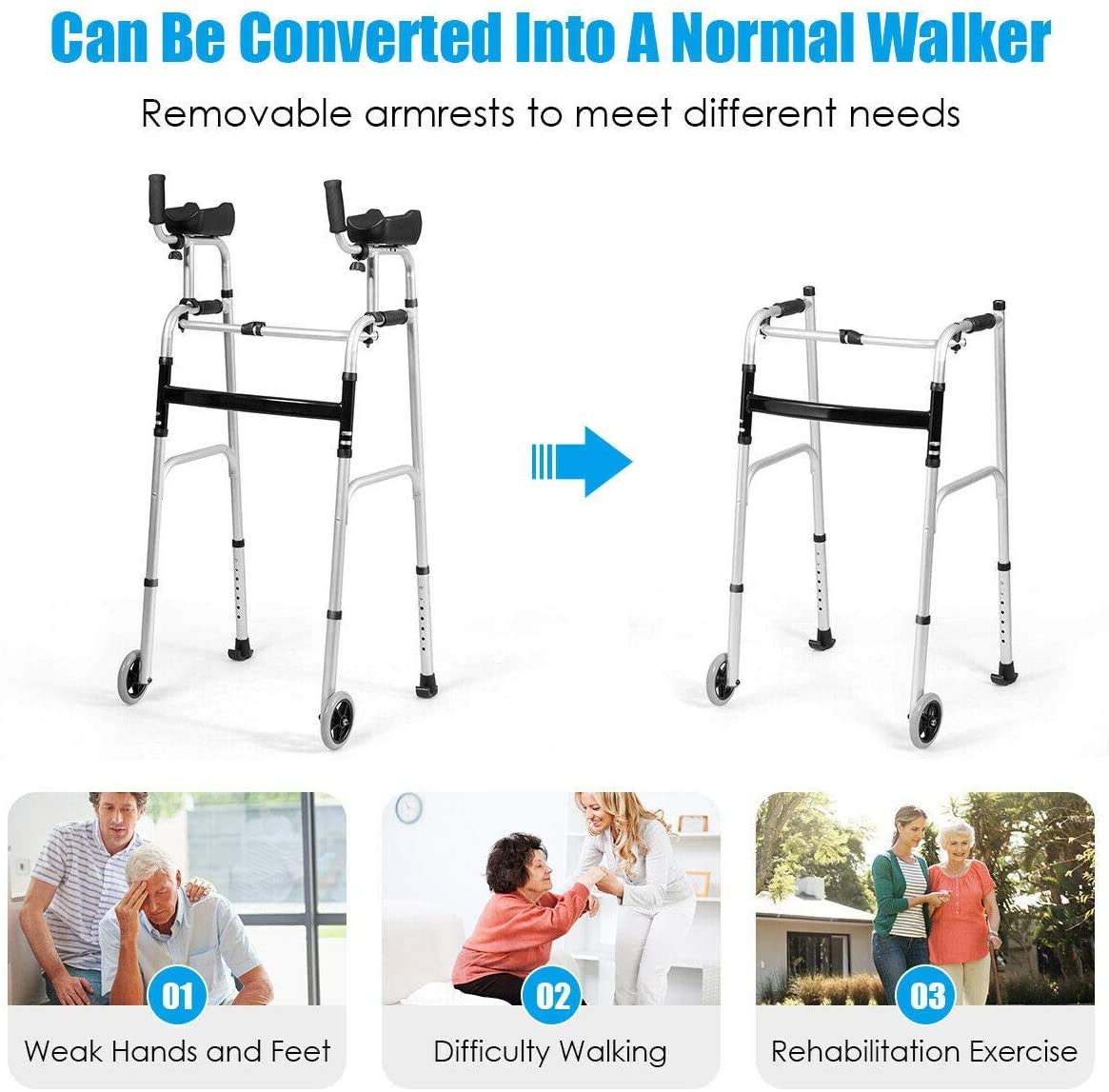Nightcore Folding Standard Walker，Rehabilitation Auxiliary Walking Aid, Front Wheeled Walker w/Adjustable Height & Removable Armrests