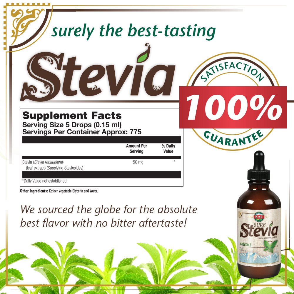 KAL Sure Stevia Extract Zero Calorie Sweetener, Low Carb, Plant Based Liquid Stevia Drops, Great Taste, Zero Sugar, Low Glycemic & Perfect for a Keto Diet, 60-Day Guarantee, Approx. 775 Servings, 4oz | Zero Calorie Sweetener - Plant Based, Low Glycemic &…