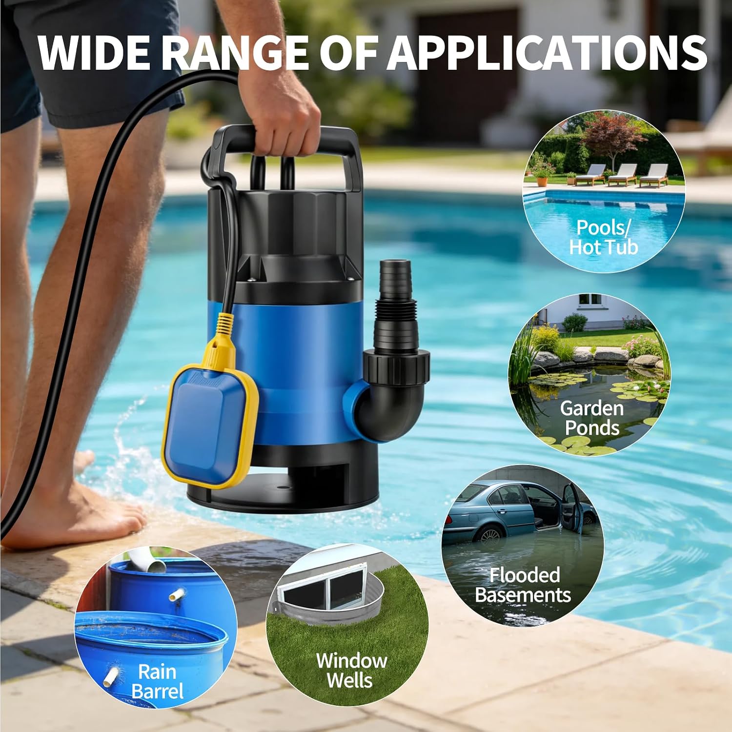 1.1HP Submersible Sump Pump, 4600 GPH Electric Water Pump with Automatic Float Switch, Portable Utility Pump for Pool Draining, Basement