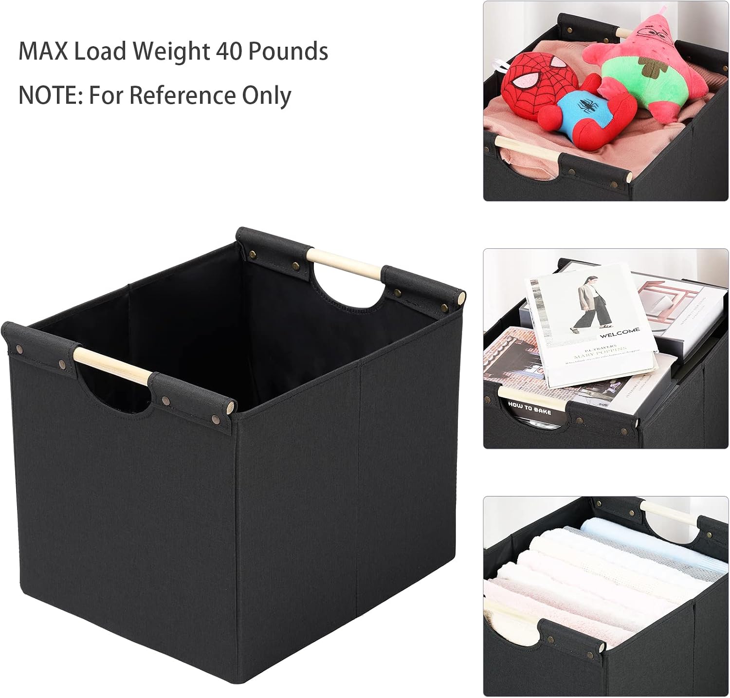 HOONEX Large Collapsible Storage Bins, Linen Fabric, 2 Pack, Storage Baskets with Wooden Carry Handles and Sturdy Heavy Cardboard, for Home, Office