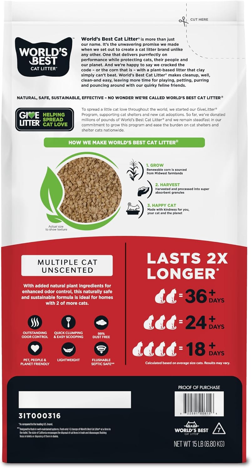 World's Best Cat Litter, Multiple Cat, Unscented, Lasts 2X Longer, 8 lb Bag | Controls tough multi-cat odors and lasts 2x longer; natural corn litter, quick clumping, flushable, 99% dust free