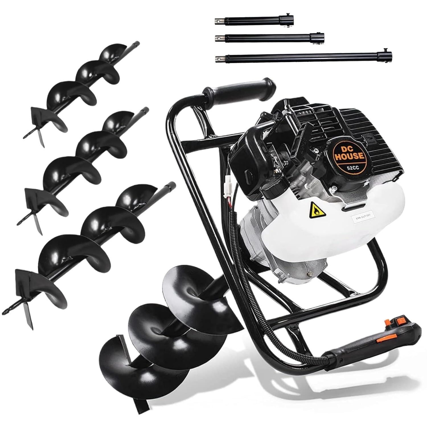 DC HOUSE 52cc 1800W Gas Powered Earth Auger EPA Certified Post Hole Digger, with 3 Drill Bits 4" 6" 8" and 3 Extension Rods 8" 12" 20"
