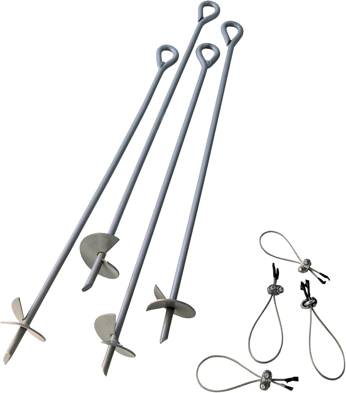 ShelterLogic ShelterAuger 4-Piece 30-Inch Reusable Heavy Duty Steel Earth Auger Anchor Kit with 4 Clamp-on Wire Tie-Downs for Anchoring Shelters, Canopies, and Instant Garages, Silver