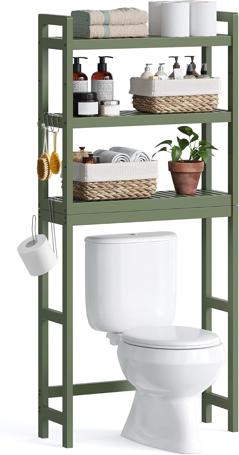 SONGMICS Over The Toilet Storage, 3-Tier Over Toilet Bathroom Organizer with Adjustable Shelf, 10.2 x 24.8 x 66.9 Inches, Space-Saving, Cloud White UBTS01WT