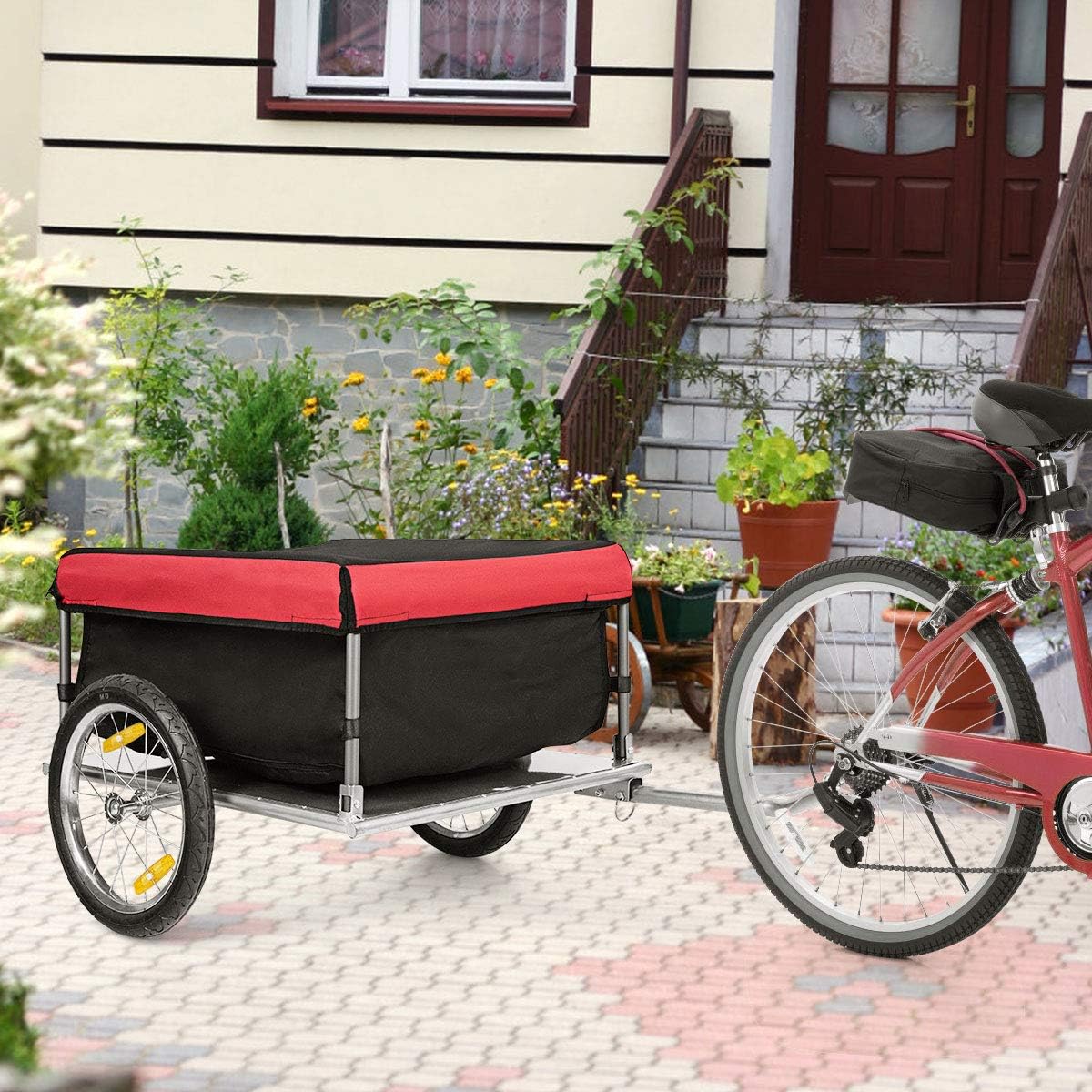 Goplus Bike Cargo Trailer, Foldable Bicycle Trailer with 16” Wheels, Removable Cover, Oxford Fabric, Folding Frame Quick Release