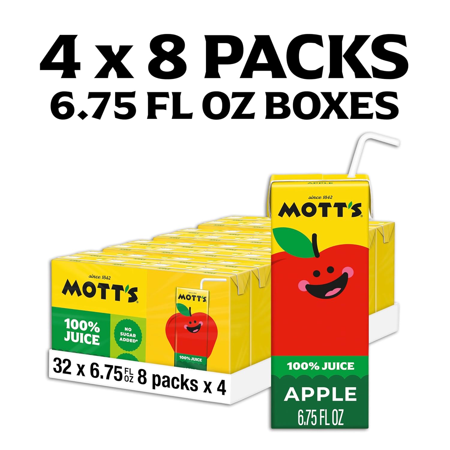 Mott's 100% Original Apple Juice, 6.75 Fl Oz Boxes, 32 Count (4 Packs Of 8), 2 Servings Of Fruit, 100% Fruit Juice, Gluten-free, Caffeine-free, Kosher, Contains No Artificial Colors Or Sweeteners