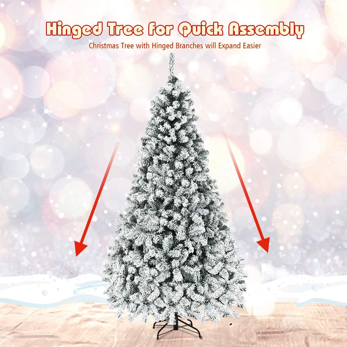 Goplus 7.5ft Pre-Lit Artificial Christmas Tree, Premium PVC Snow Flocked Hinged Pine Tree with Metal Stand and LED Lights