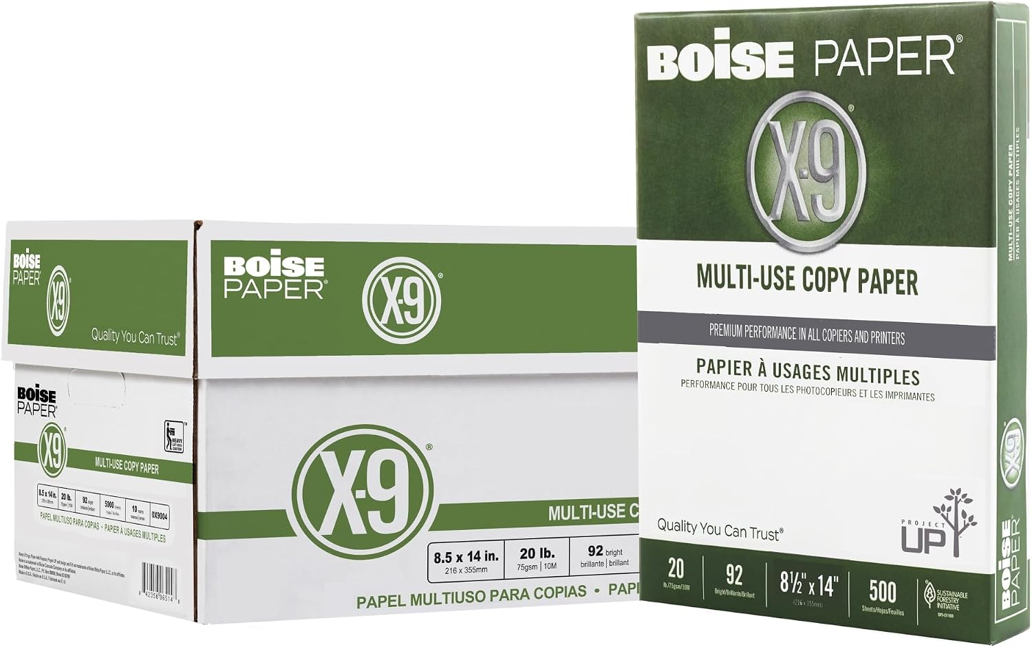 Boise® X-9® Multi-Use Printer & Copy Paper, 10 Reams, White, Legal (8.5" x 14"), 5000 Sheets Per Case, 20 Lb, 92 Brightn