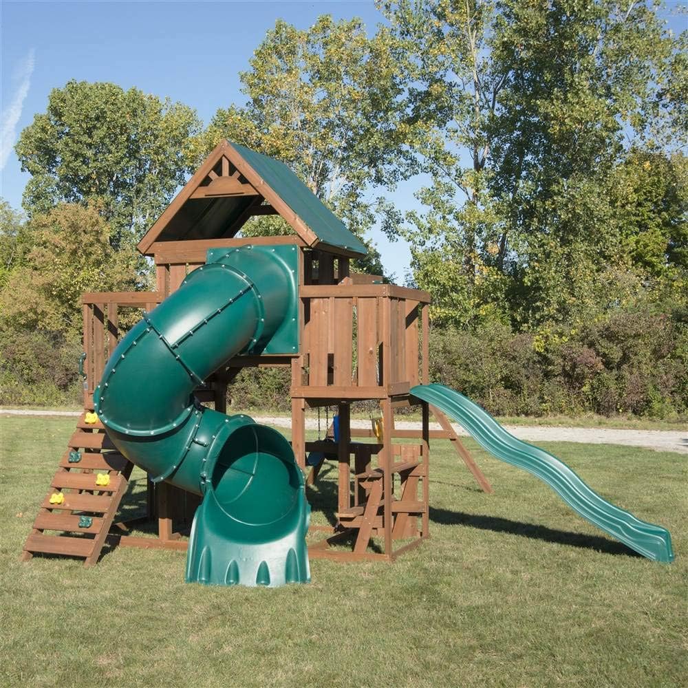 Swing-N-Slide WS 8359 Tellico Terrace Wood Swing Set with Two Slides, Climbing Wall & Swings, Brown