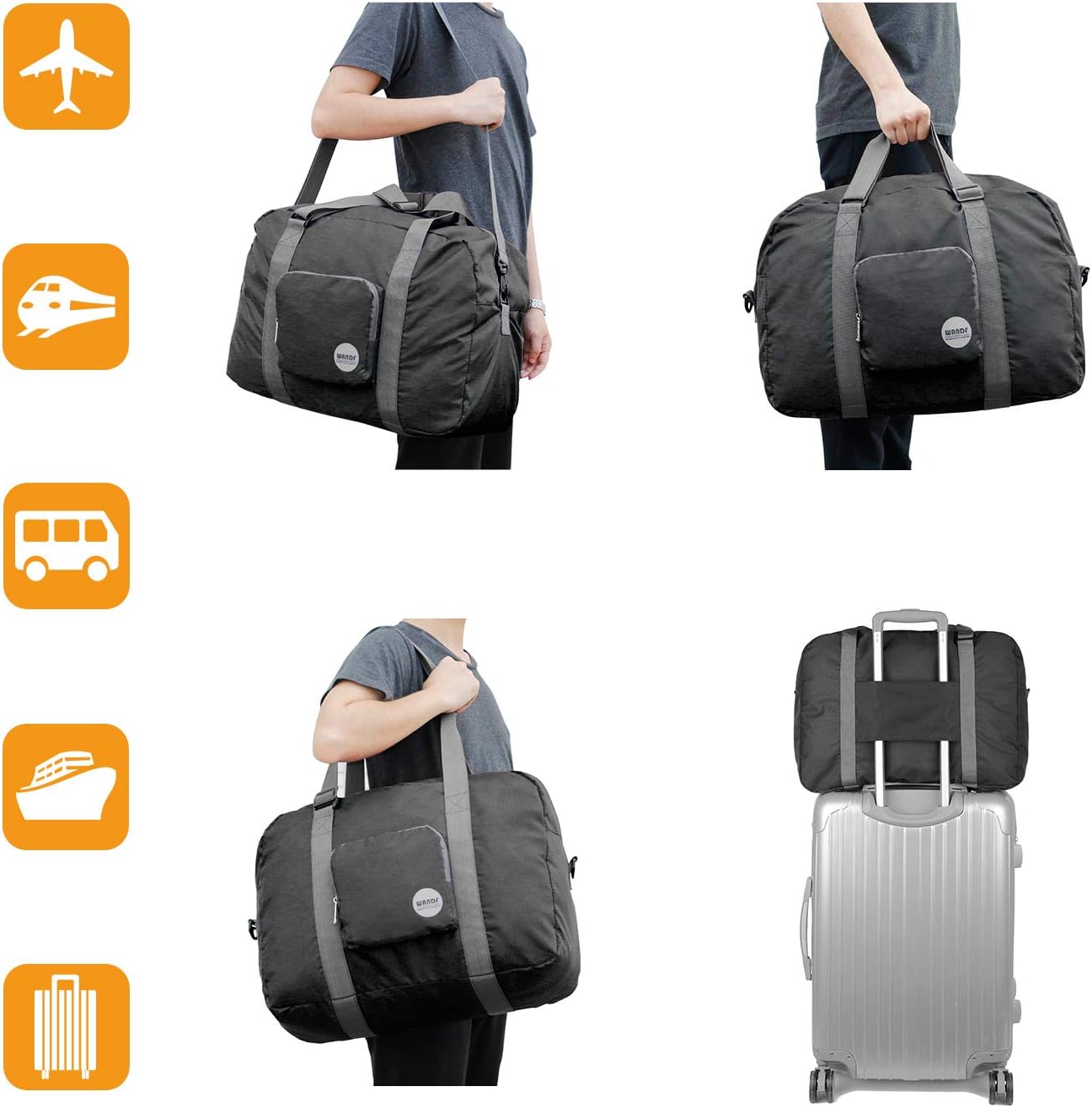 WANDF Foldable Personal Item Bag, Carry on Travel Duffle Bag | Frontier Airline Underseat Fit, 18x14x8 inches, Weekend Overnight Trips, Packable