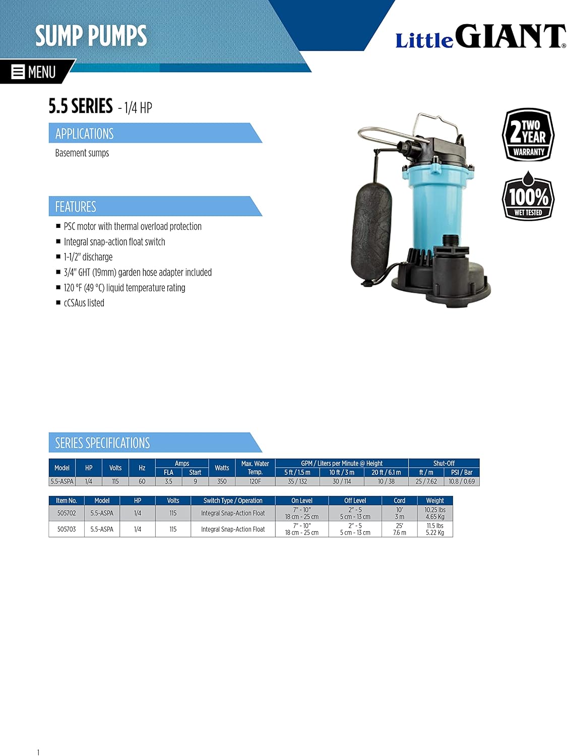 Little Giant 5.5-ASPA 115V, 1/4 HP Aluminum Automatic Sump Pump, 10' Cord | 2100 GPH, Submersible, Integral Snap Action Float Switch