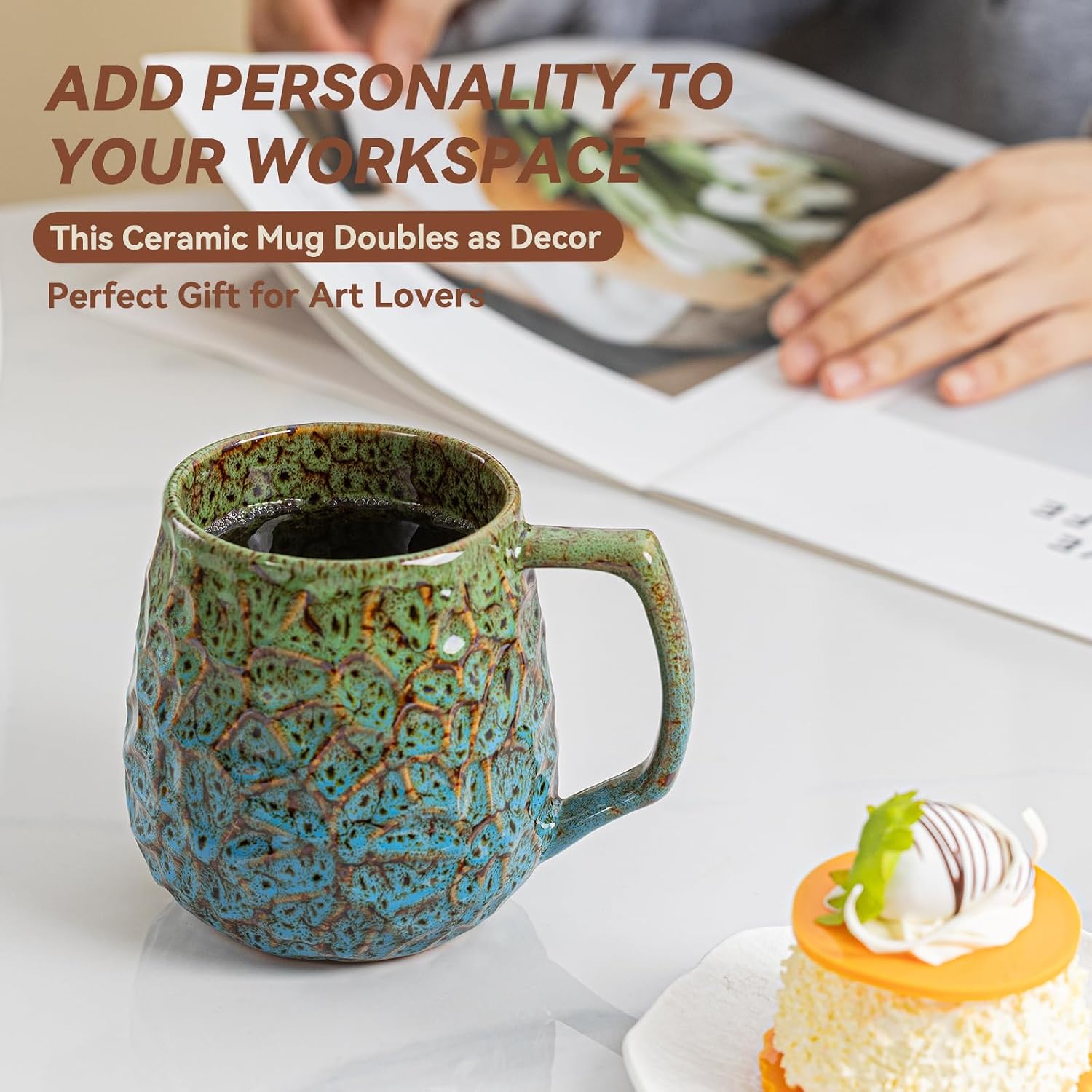 18oz Unique Kiln-Change Ceramic Coffee Mug, Handcrafted Hammered Texture Ceramic Mug with Ergonomic Handle, Microwave & Dishwasher Safe