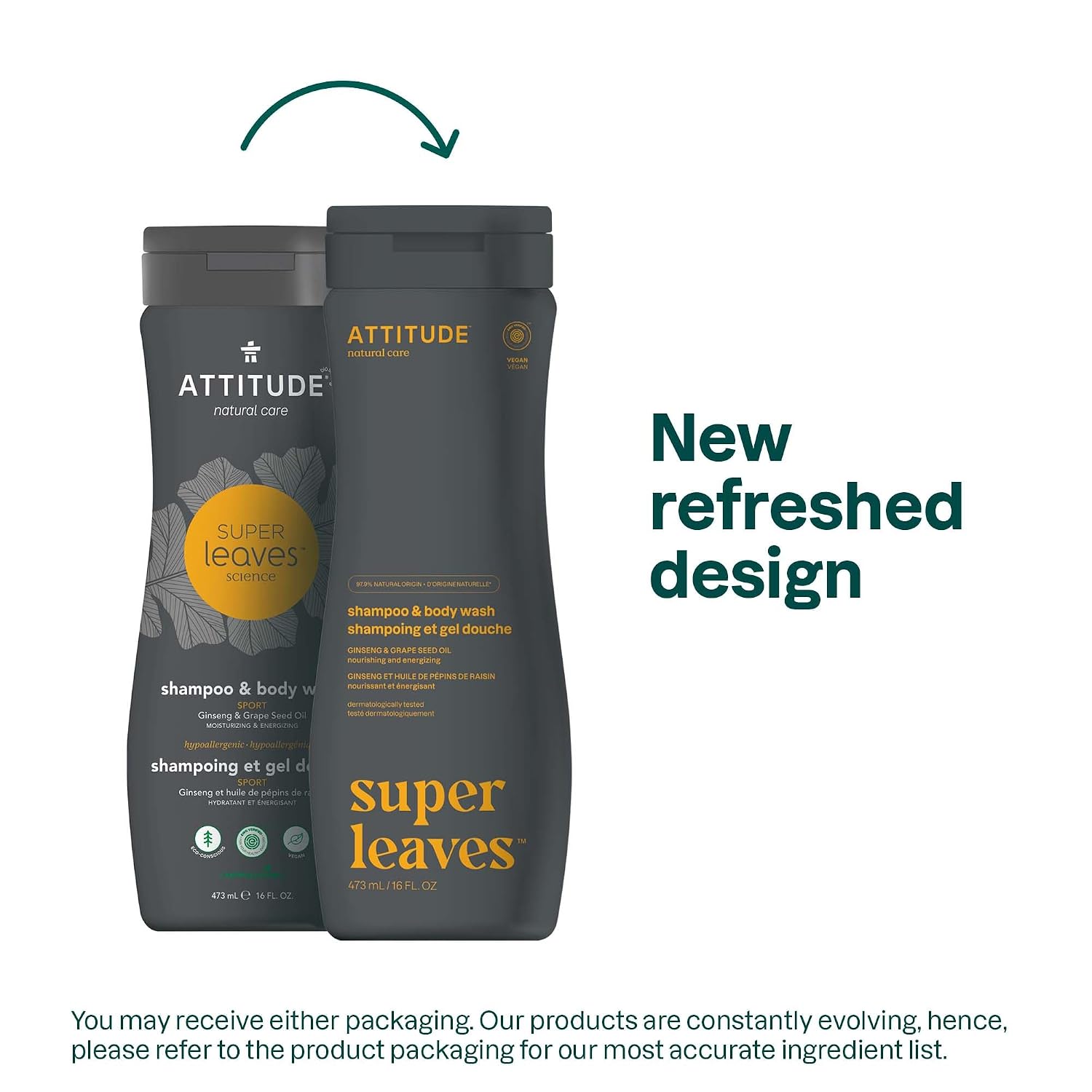 ATTITUDE 2-in-1 Body Wash & Shampoo for Men & Women, EWG Verified, Vegan, Natural Ingredients, Dermatologist-Tested, Ginseng and Grapeseed Oil, 16 Fl Oz