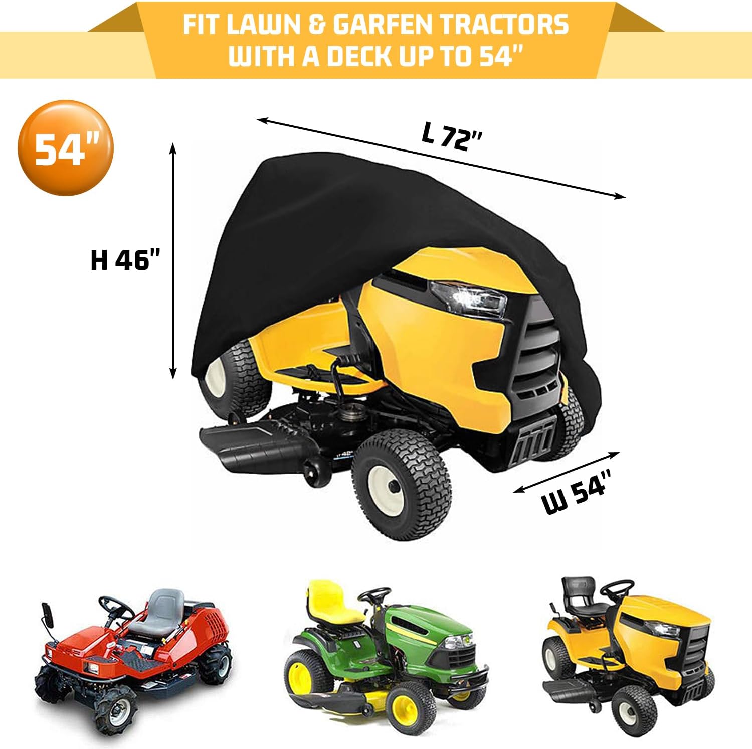 Riding Lawn Mower Cover 600D Lawnmower Covers Waterproof, up to 54" Decks | Universal Outdoor Lawn Tractor Cover Tarp All Weather Ride on Mower Covers, Heavy Duty 600D, Elastic Cord & Storage Bag