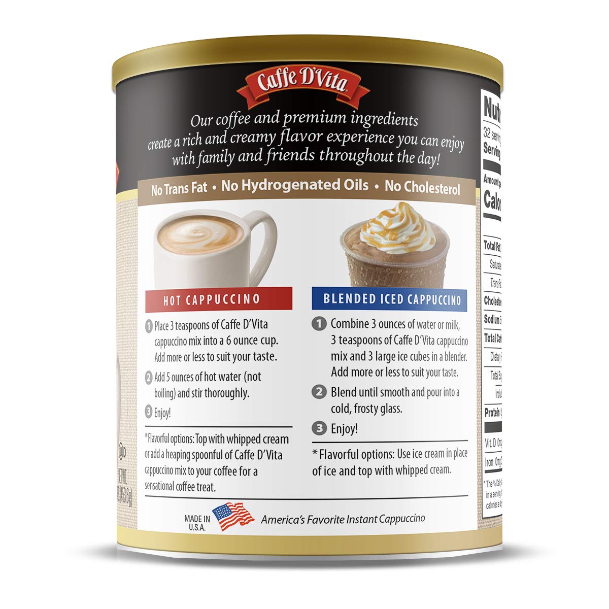 Caffe D'Vita Mocha Cappuccino Mix - 4 lb can (64 oz.) | Instant Cappuccino Mix, Gluten Free, No Cholesterol or Trans Fat, 99% Caffeine Free, Mocha