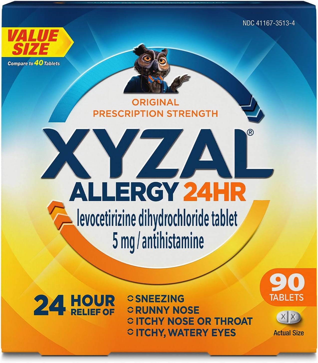 Xyzal 24 Hour Allergy Relief Medicine, Original Prescription Strength Antihistamine, Levocetirizine Dihydrochloride Tablets, 5 mg, 90 Count