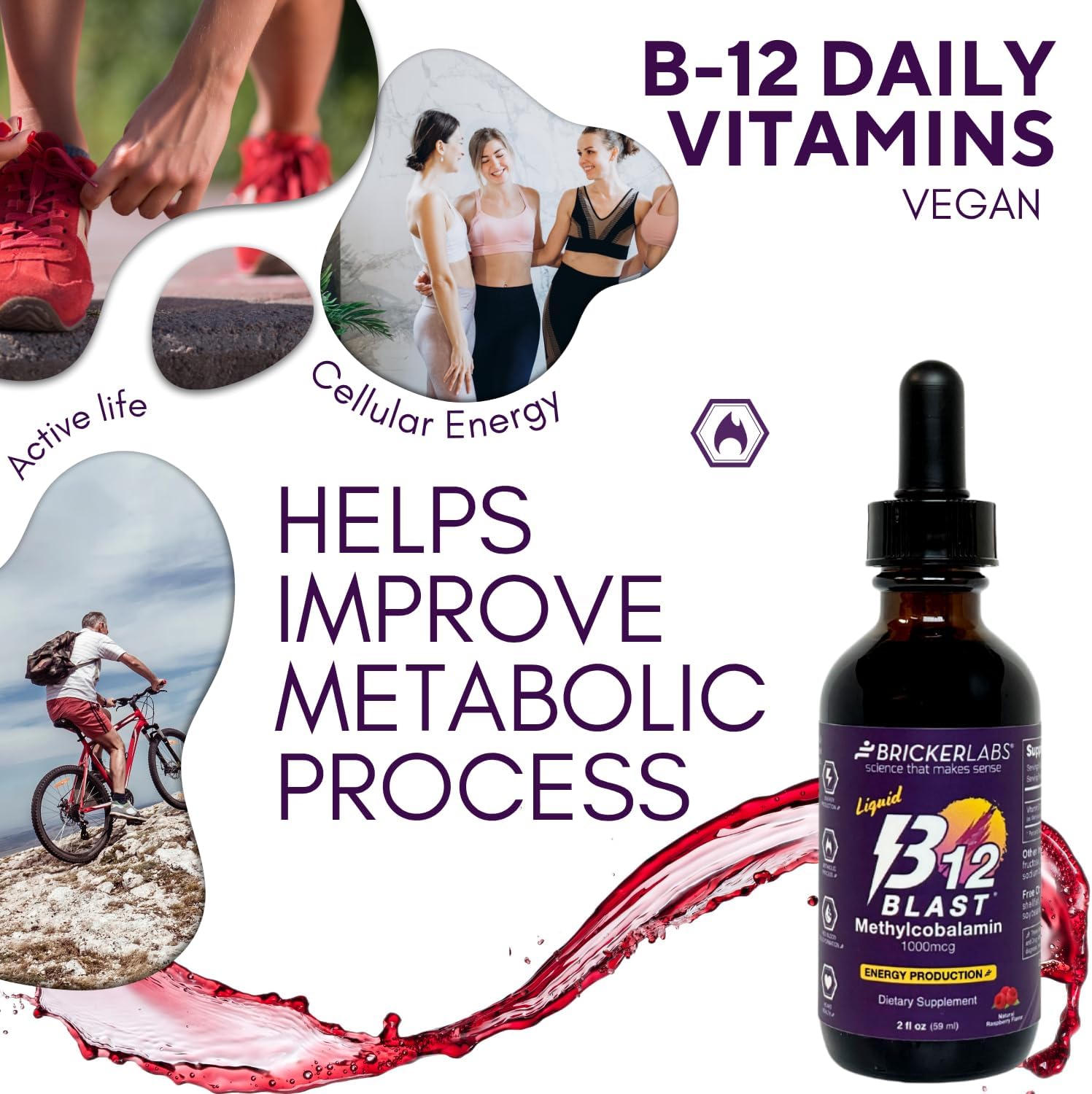 Bricker Labs B12 Blast Methylcobalamin 1000mcg, Great Tasting Sublingual Liquid Energy Vitamins -Vegan B12 Vitamins, Sustained Energy and Cellular Energy Supplement - 59-Day Servings