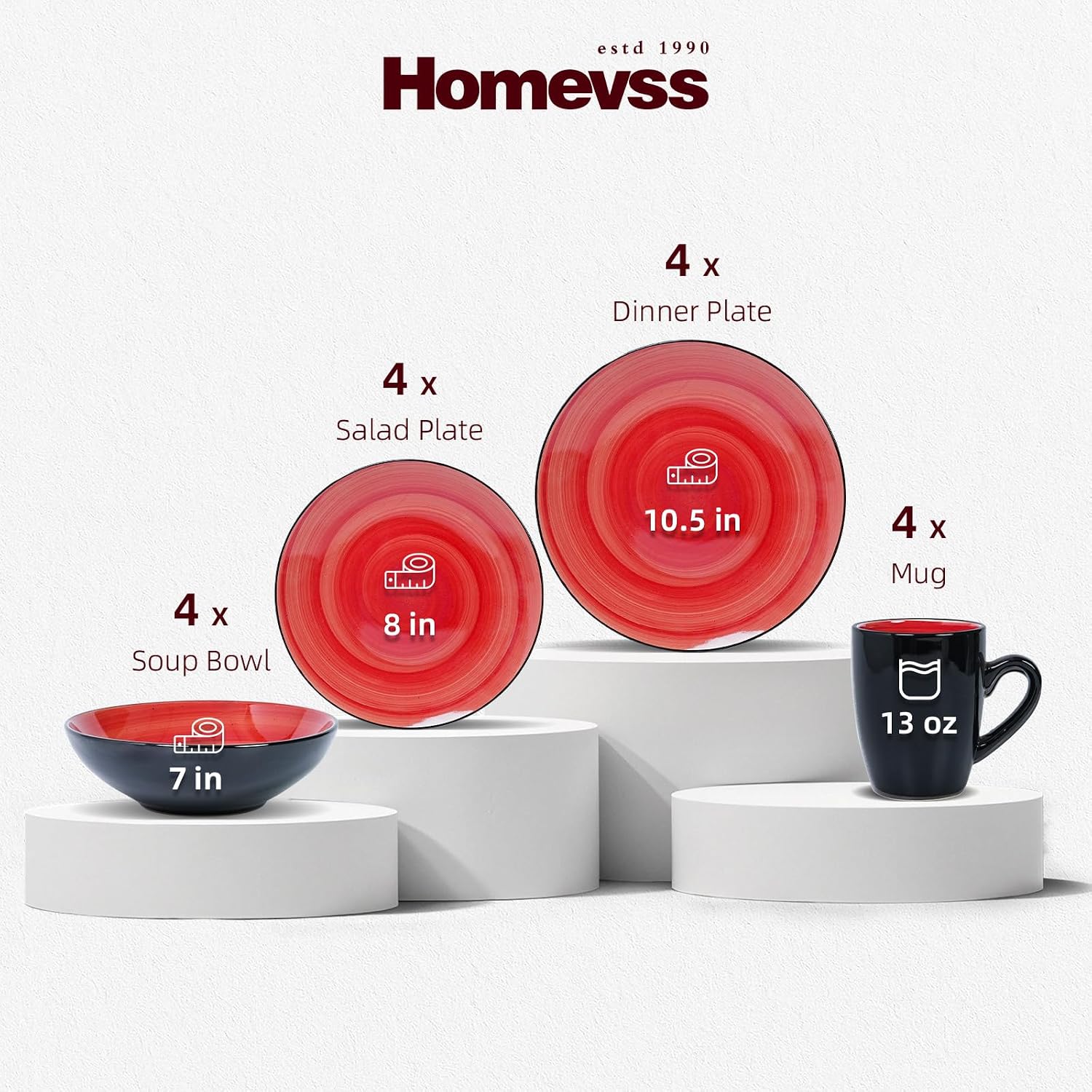 HomeVss, Sonoma Stoneware Dinnerware Set, Outside Black + Inside Hand Painting Color (16pc Set, Grey)