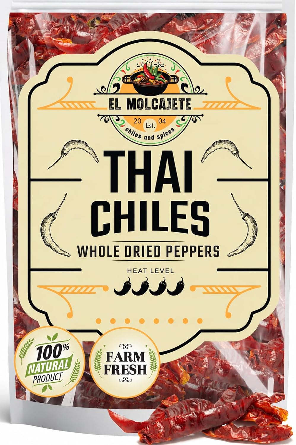 Dried Red Thai Chili Peppers 16oz Whole Hot Asian Chile for Curry Soup | Fiery authentic heat for tom yum, pad thai, ramen, stir fry & chili oil. Bulk bag, all natural. Resealable.