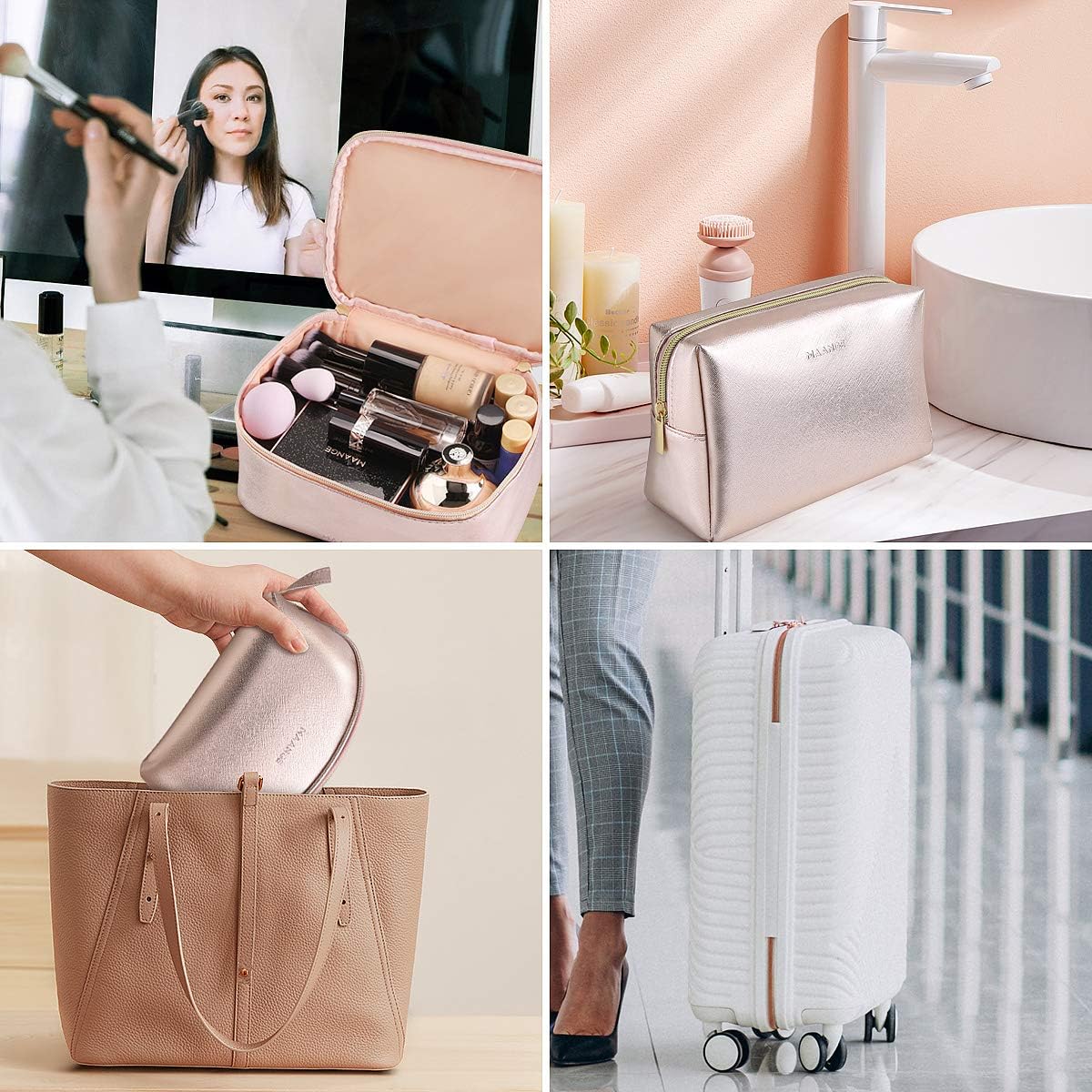 MAANGE 3 Pcs Makeup Bag Portable Travel Cosmetic Bag Large Makeup Bag Organizer with Gold Zipper Waterproof Toiletry Bags for Women and Girls(Rose