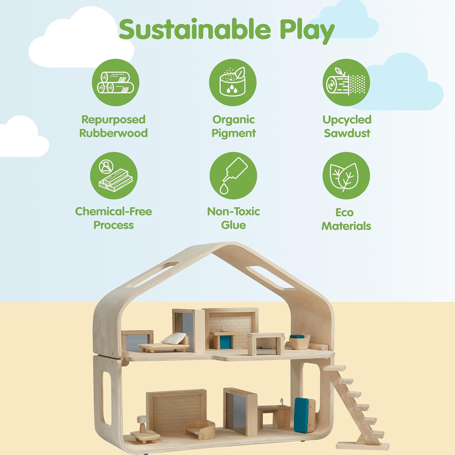 PlanToys® Green Wooden Dollhouse with Solar Panel, Wind Turbine & Furniture | recycling system, eco-friendly doll house, sustainable pretend play, kids, girls, environmental learning gift for boys