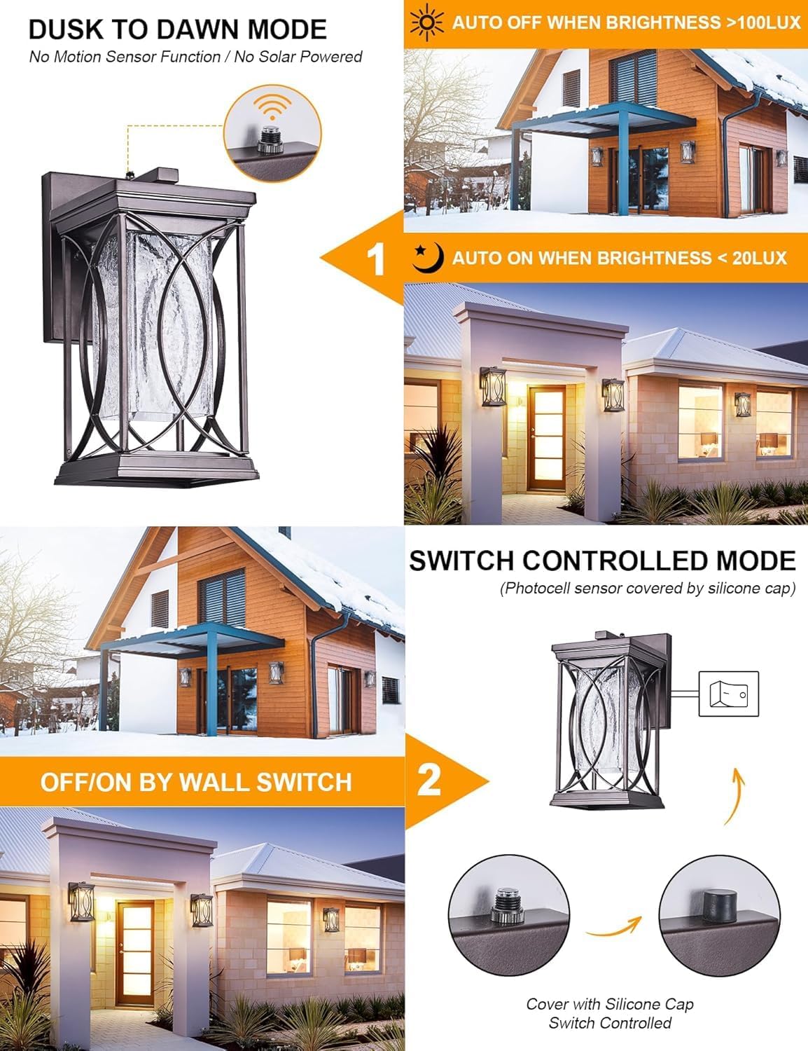Dusk to Dawn Modern Outdoor Coach Lantern Exterior Light Fixtures Black Aluminum with Crack-Like Glass Waterproof Wall Sconce Mission Outside Light