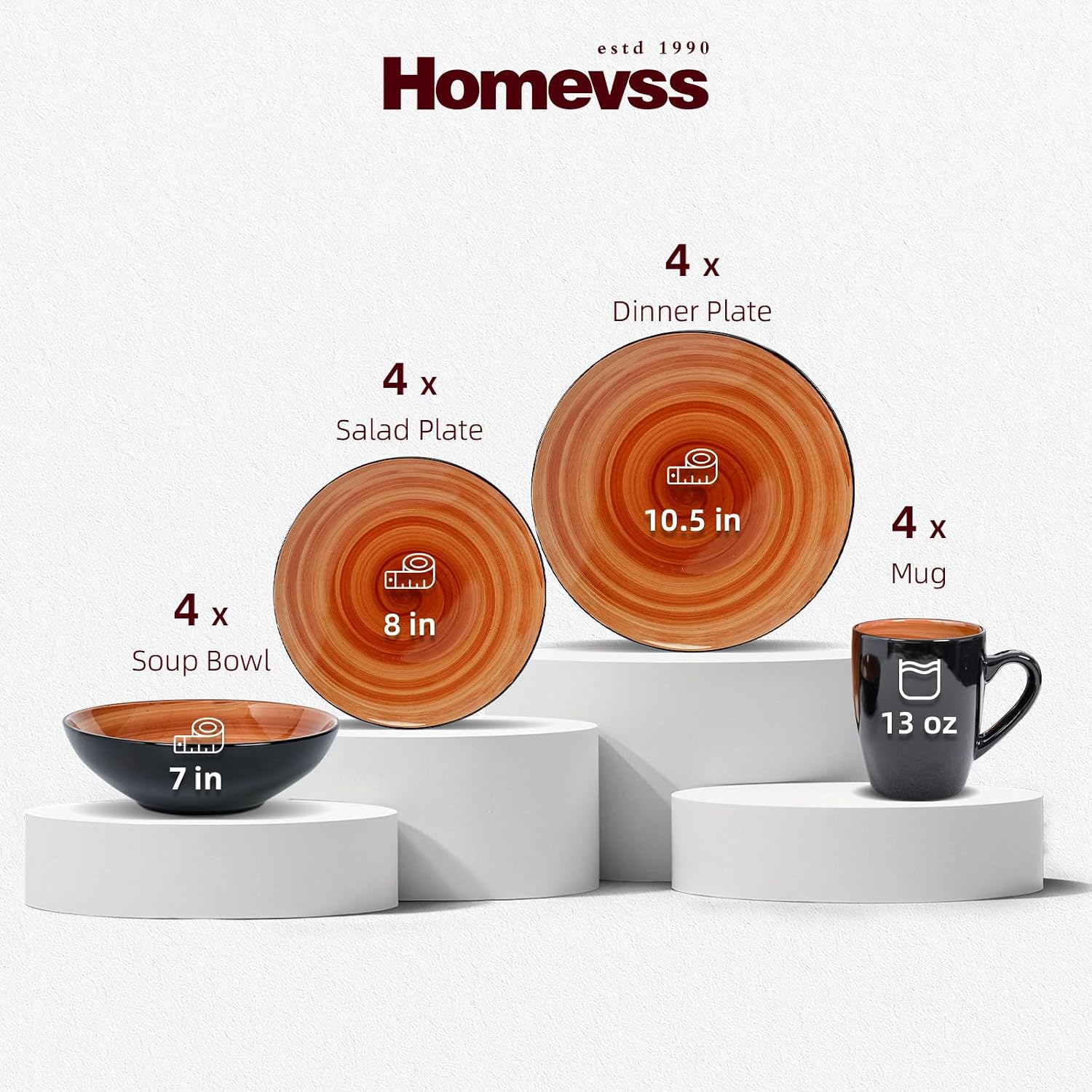HomeVss, Sonoma Stoneware Dinnerware Set, Outside Black + Inside Hand Painting Color (16pc Set, Grey)
