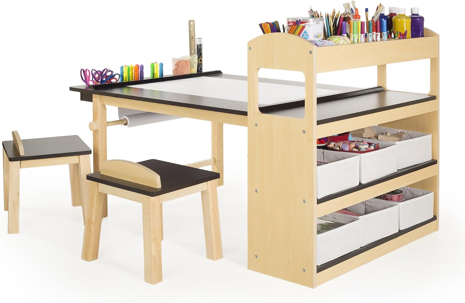 Guidecraft Deluxe Art Center: Kids' Montessori Art Table and Chairs Set with Storage Shelves, 6 Fabric Bins