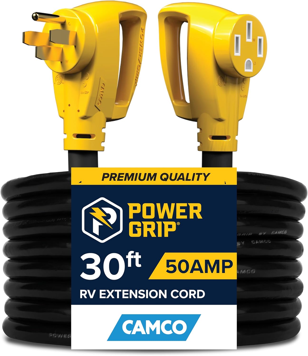 Camco Power Grip 25-Ft 50 Amp RV Extension Cord - NEMA 14-50P Male & FSS2-50R Locking Female Connectors - Rated for 125/250 V/12,500 W - Features Copper 6/3 + 8/1-Gauge Wires for Conductivity (55542)
