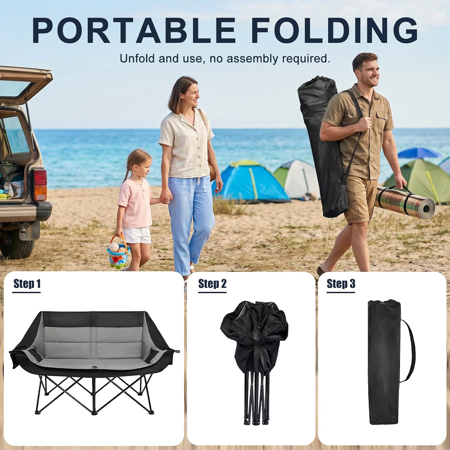 Oversized Camping Chairs for Adult - Heavy Duty Padded Portable Folding Chair XL Collapsible Camp Chair with Cup Holder Side Pocket for Outdoor Lawn Beach Sport Fishing Support 500LBS, Grey