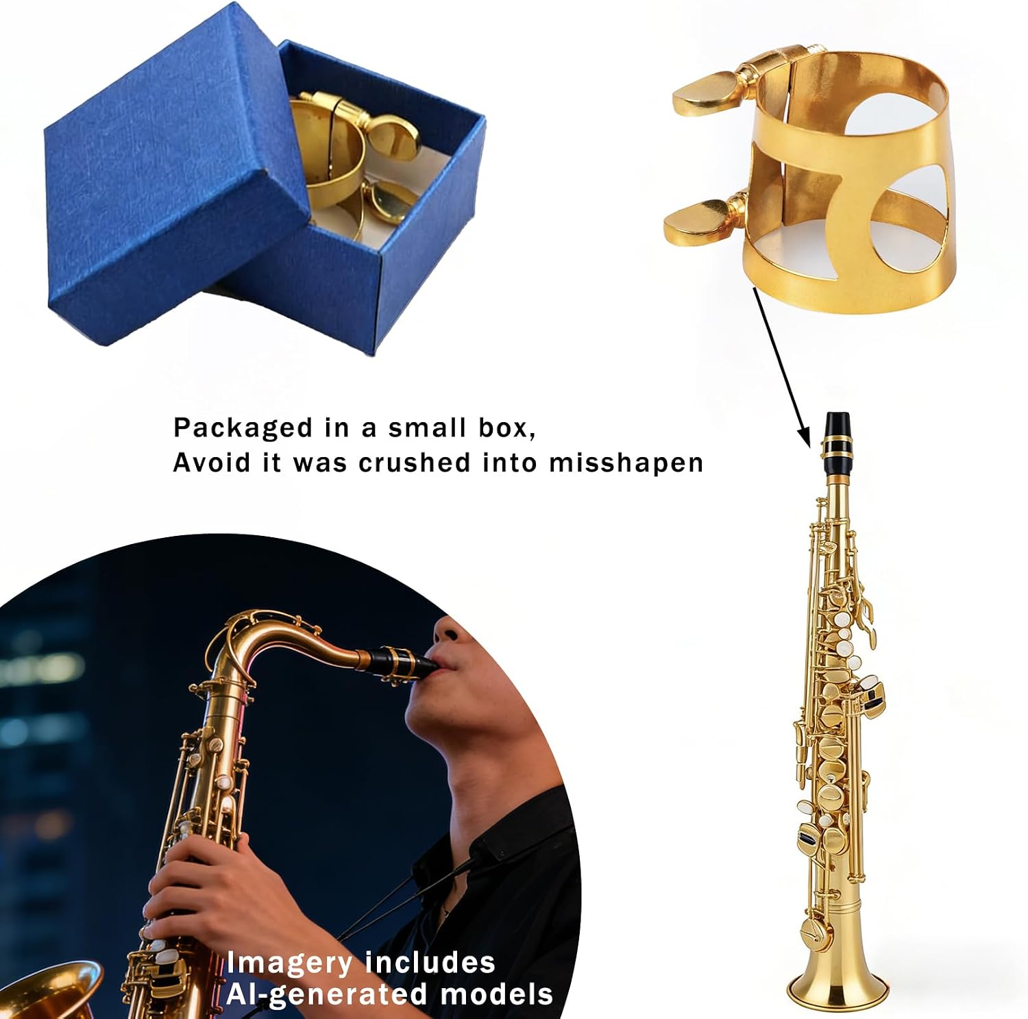 Gold Plated Brass Saxophone Ligature for Alto Tenor Sax, Adjustable Double-Screw Mouthpiece Ligature