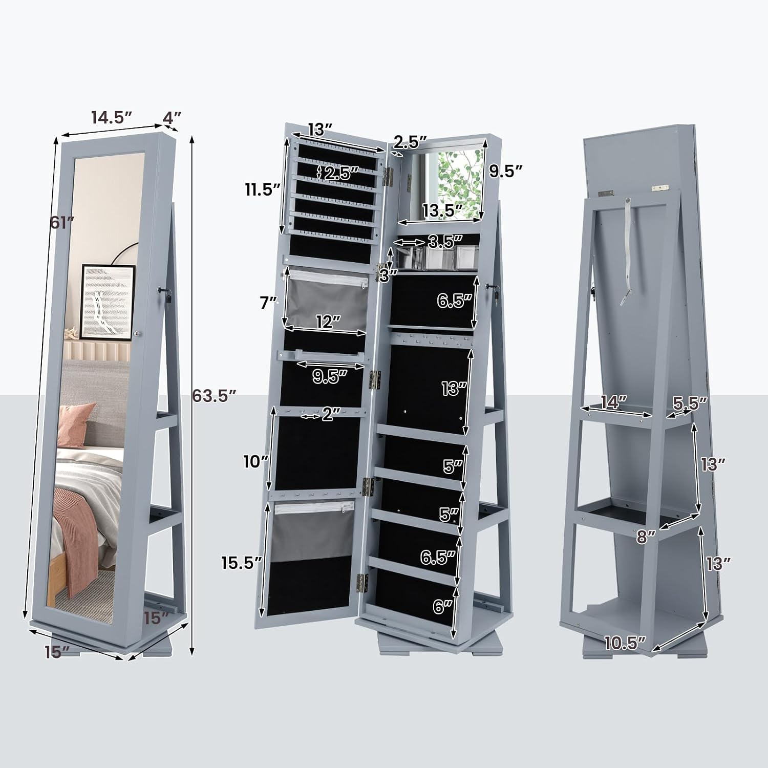 CHARMAID 360° Swivel Jewelry Armoire with Higher Full Length Mirror, Standing Lockable Jewelry Cabinet Organizer with Large Storage Capacity