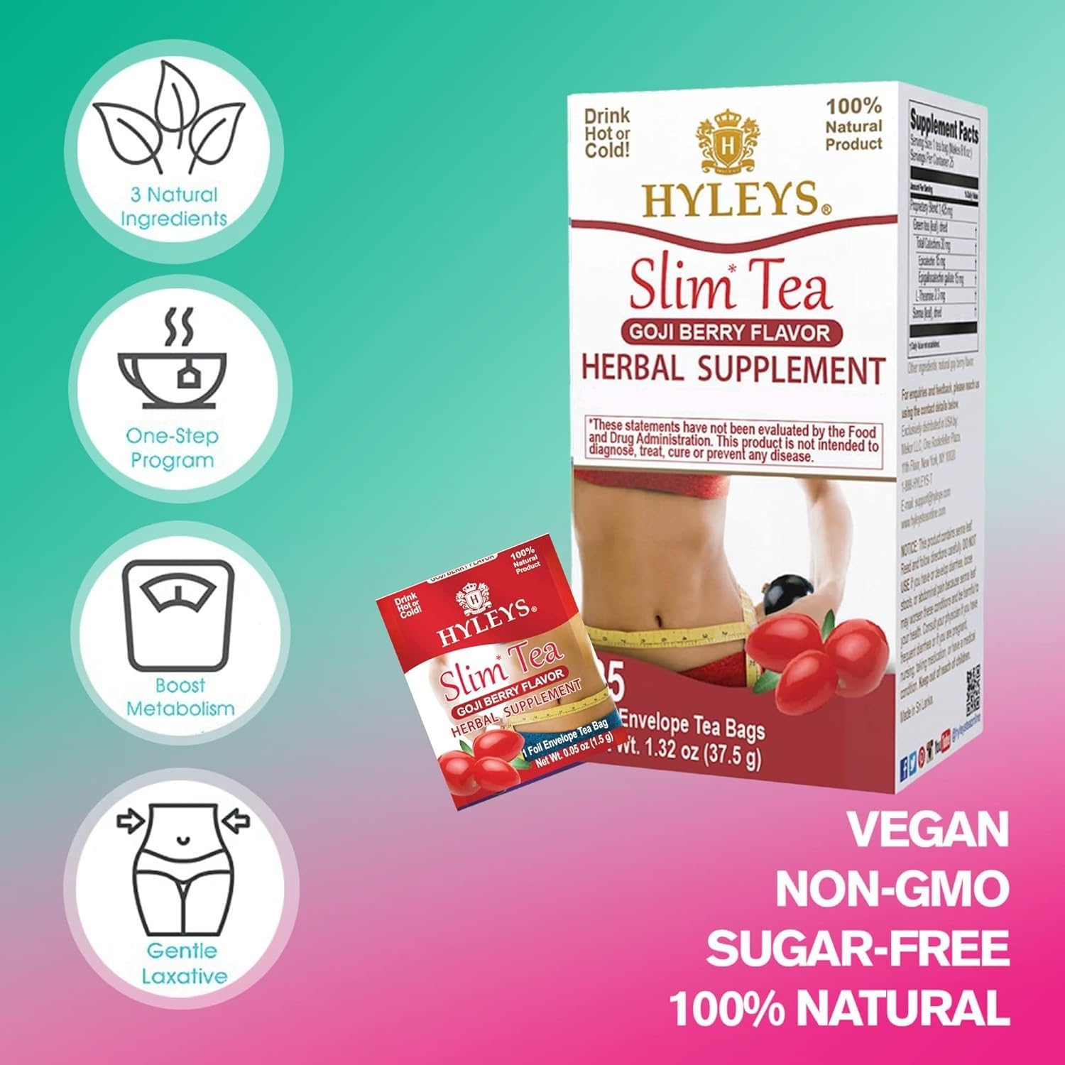 HYLEYS Slim Tea Goji Berry, Weight Loss Detox, Slimming Diet Tea, 25 Bags | Green Tea, Senna Detox & Cleanse, 3 Natural Ingredients, No Added Sugar, 1-Step Bedtime Routine, Supports Digestion