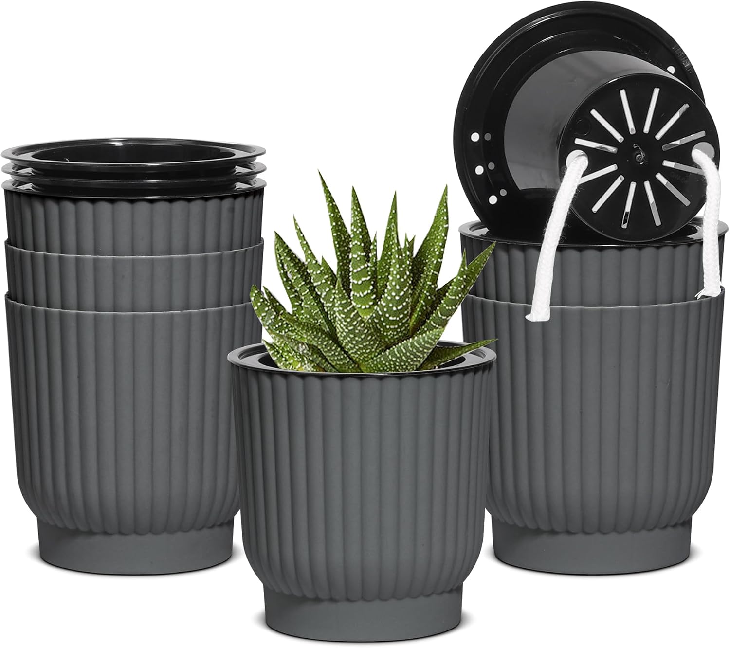 T4U Self Watering Pots for Indoor Plants, 4 Inch 6 Pack Planter White