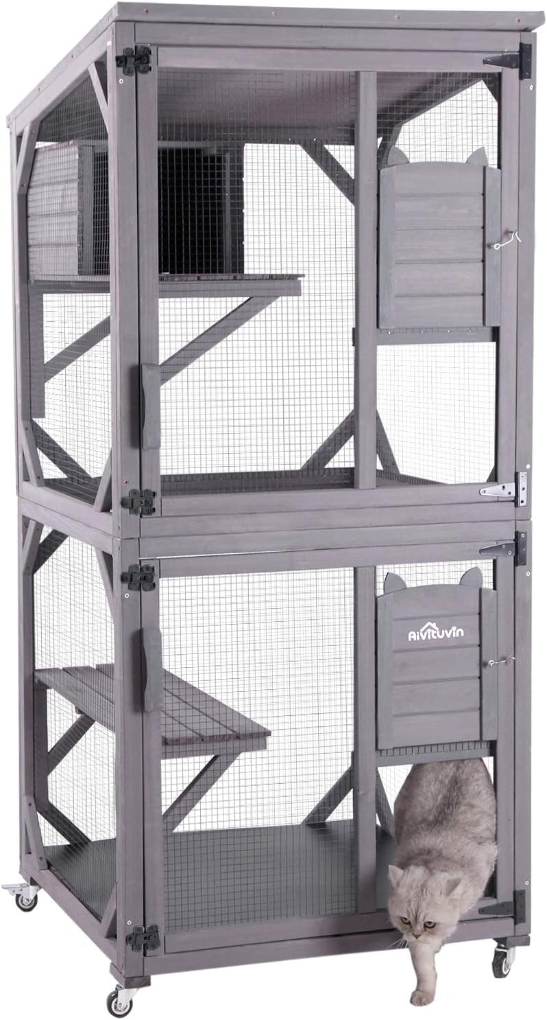 Aivituvin Cat House Outdoor Cat Catio Wooden Large Enclosure with Run on Wheels 70.9" Upgraded Version Catio with Reinforcement Strip