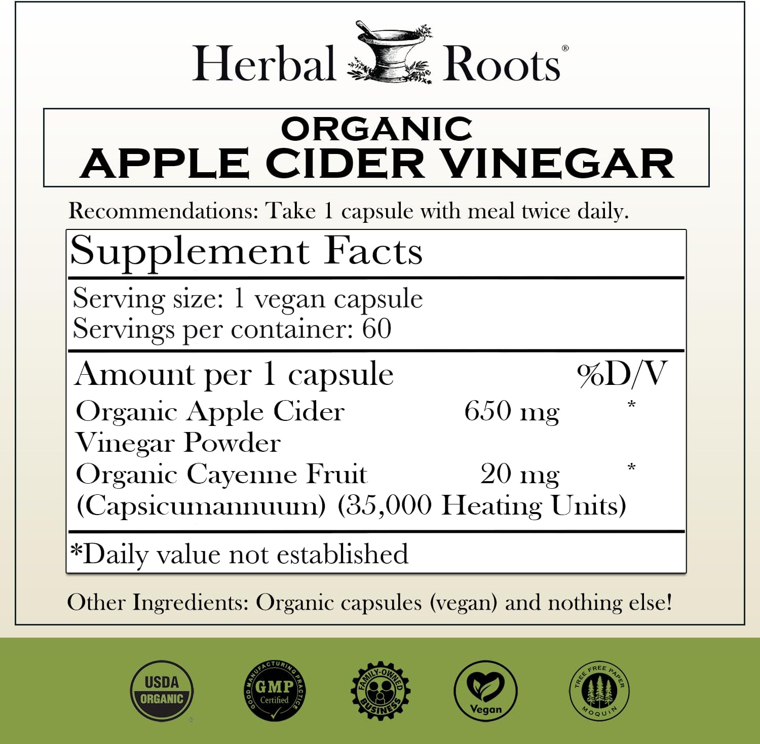 Herbal Roots Organic Apple Cider Vinegar Capsules with Mother - Pure Extra Strength - 60 Vegan Capsules
