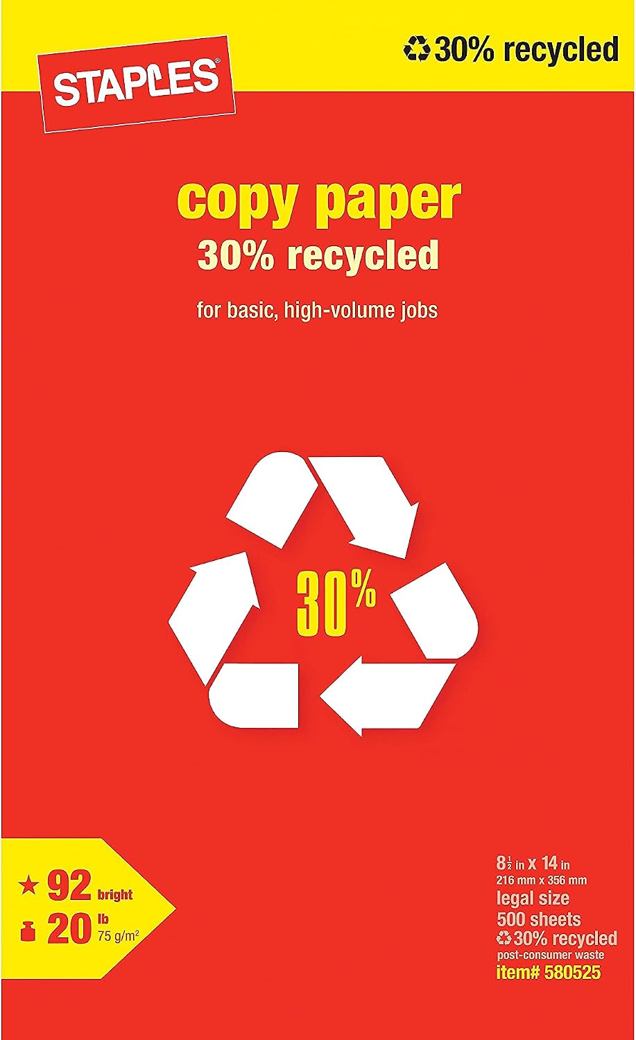 Staples 30% Recycled 8.5-Inch X 11-Inch Copy Paper 20 Lbs 92 Brightness 500/Ream, For Office, School & Home