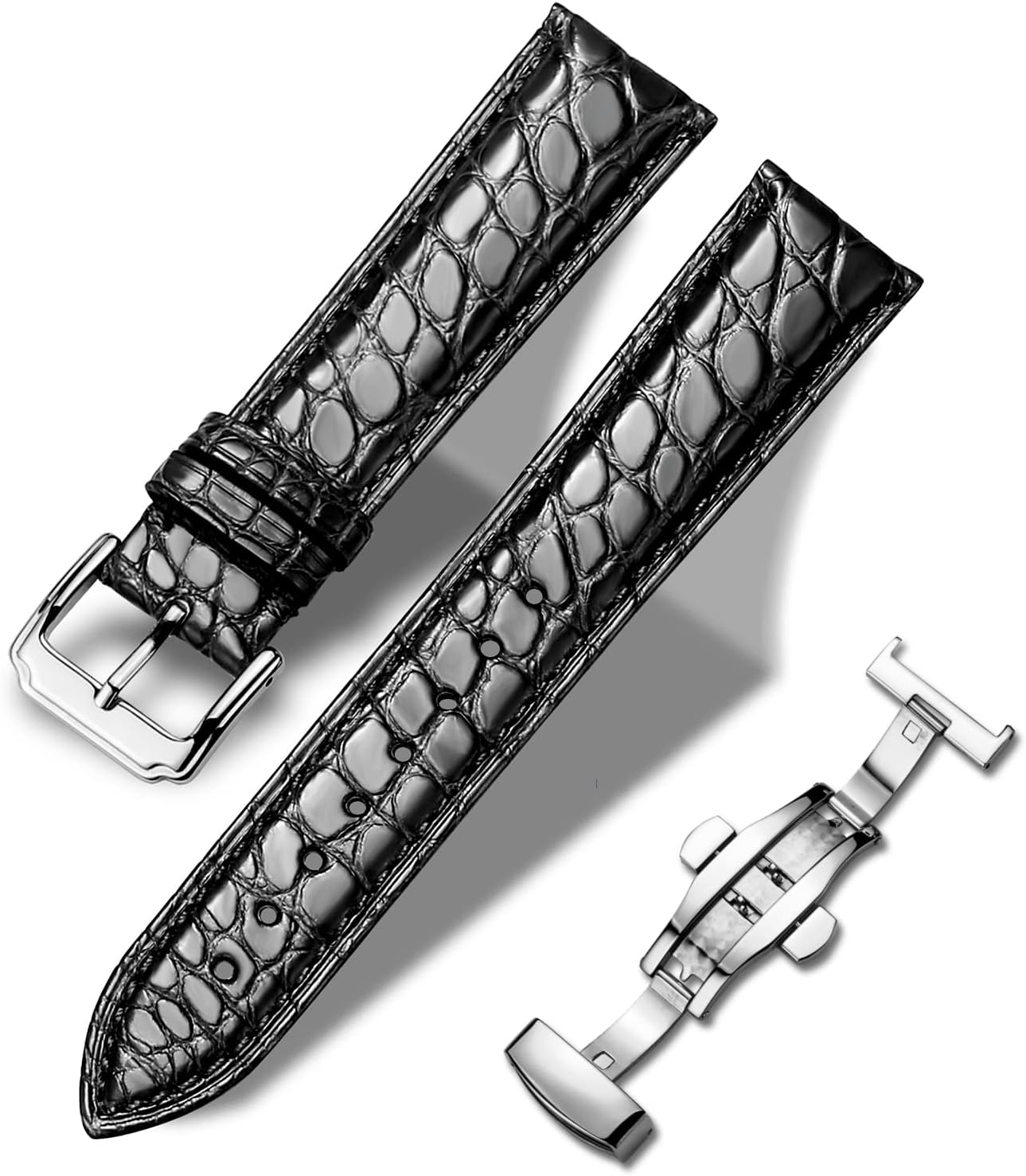 Moran Genuine Leather Watch Band 18mm 19mm 20mm 21mm 22mm 23mm 24mm Calf Grain Watch Strap for Men and Women 18mm Black-Silver Buckle