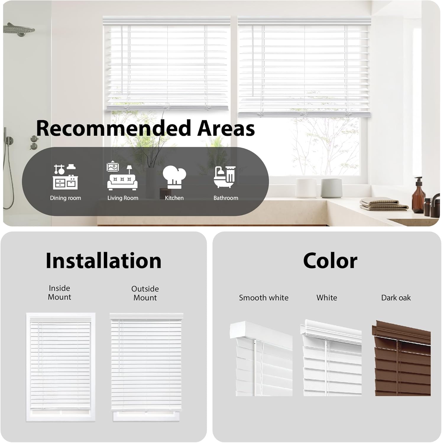 DEZ FURNISHINGS Cordless 2" Faux Wood Blind, 25" W x 64" H, White