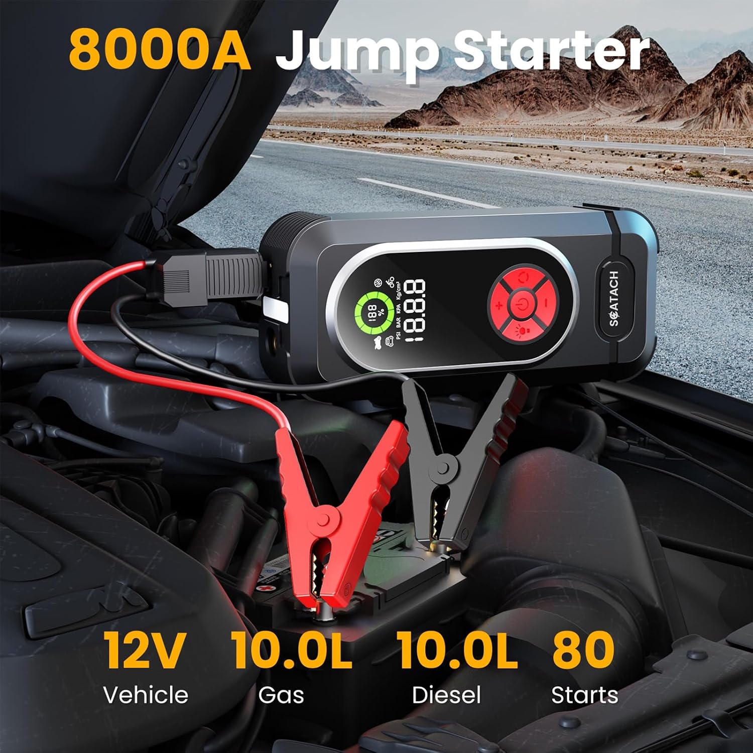 Scatach 4000A Car Battery Jump Starter, 12V Jump Starter Battery Pack (up to 10.0L Gasoline and 8.0L Diesel Engine), Portable Jump Box with Jumper Cable, LED Display, LED Light