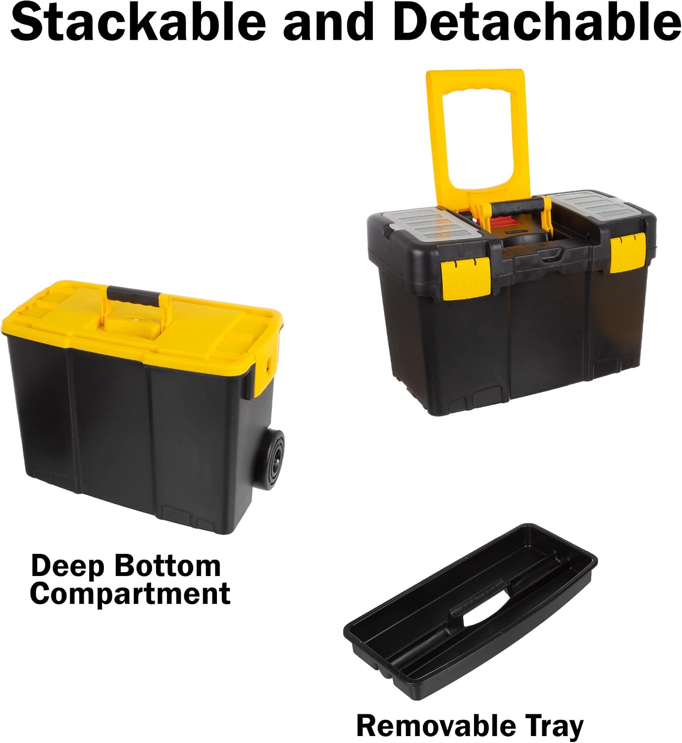 Portable Tool Box on Wheels - Stackable 3-in-1 Chest for Workshops and Craft Rooms - Foldable Comfort Handle and Latches by Stalwart (Black/Yellow)