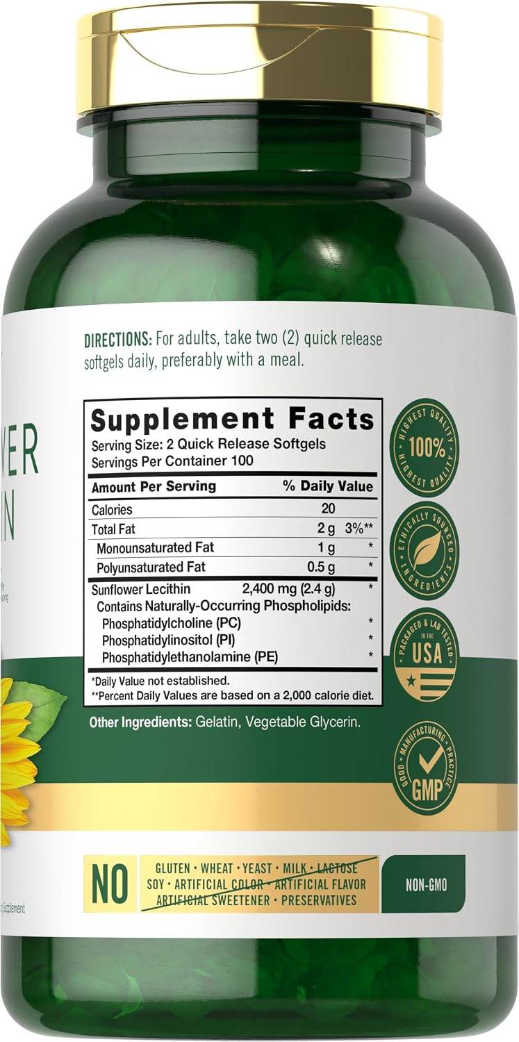 Carlyle Sunflower Lecithin Softgel Capsules | 2400mg | 200 Pills | Rich in Phosphatidyl Choline | Non-GMO, Soy Free, Gluten Free Supplement