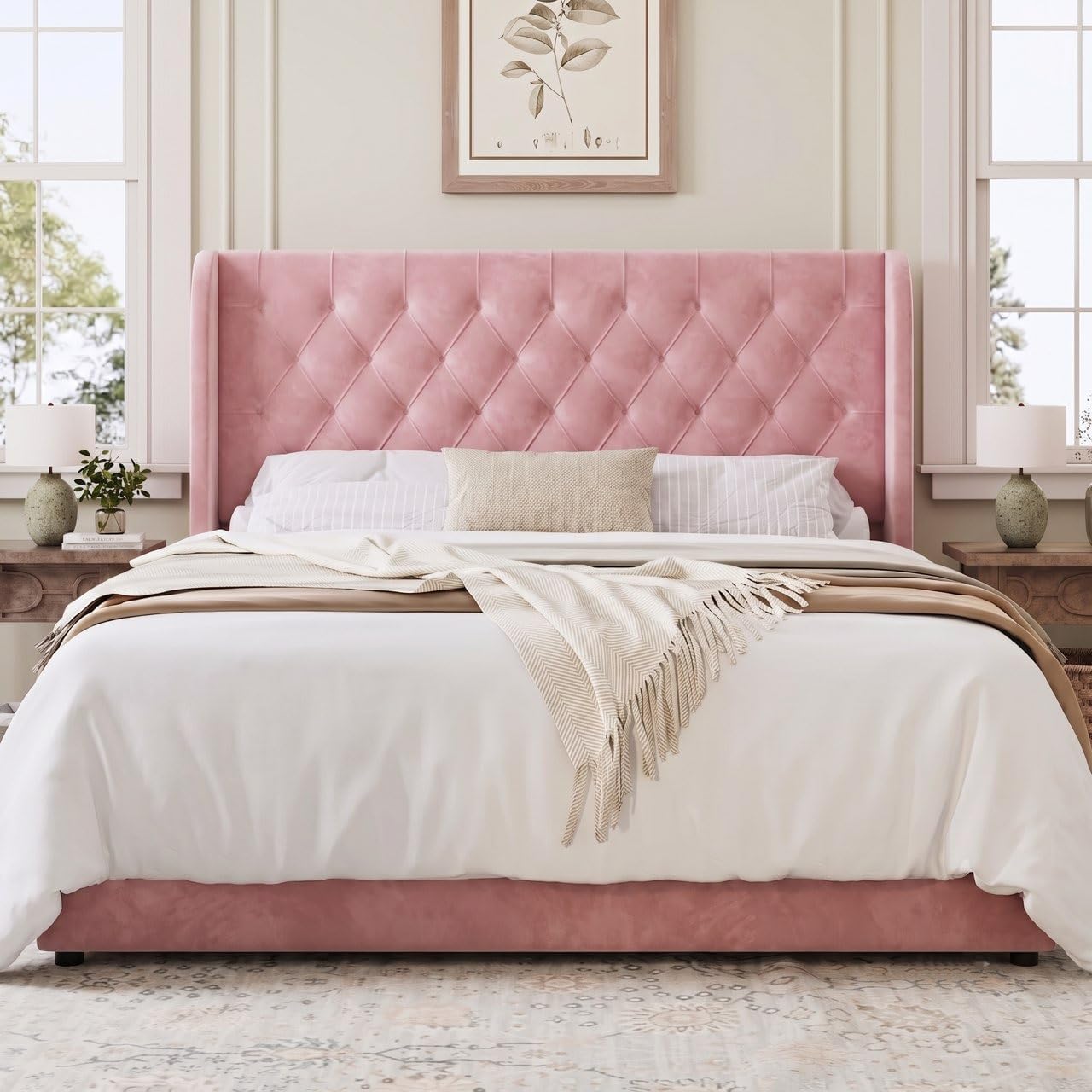 HOMBCK Full Size Bed Frame with Headboard, Upholstered Platform Bed, White | Velvet Tufted Curved Wingback/Wooden Slats Support/No Box Spring Needed/Noise-Free/Easy Assembly